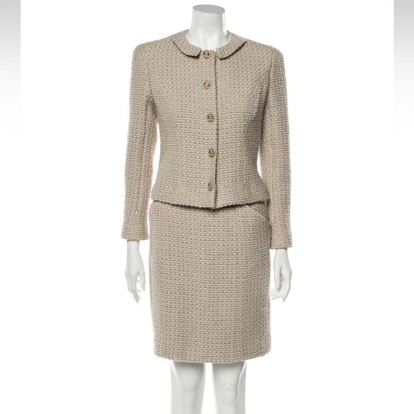 Chanel Vintage Fall 2002 Beige Green Tweed 02A Jacket Skirt Suit - Picture 3 of 16